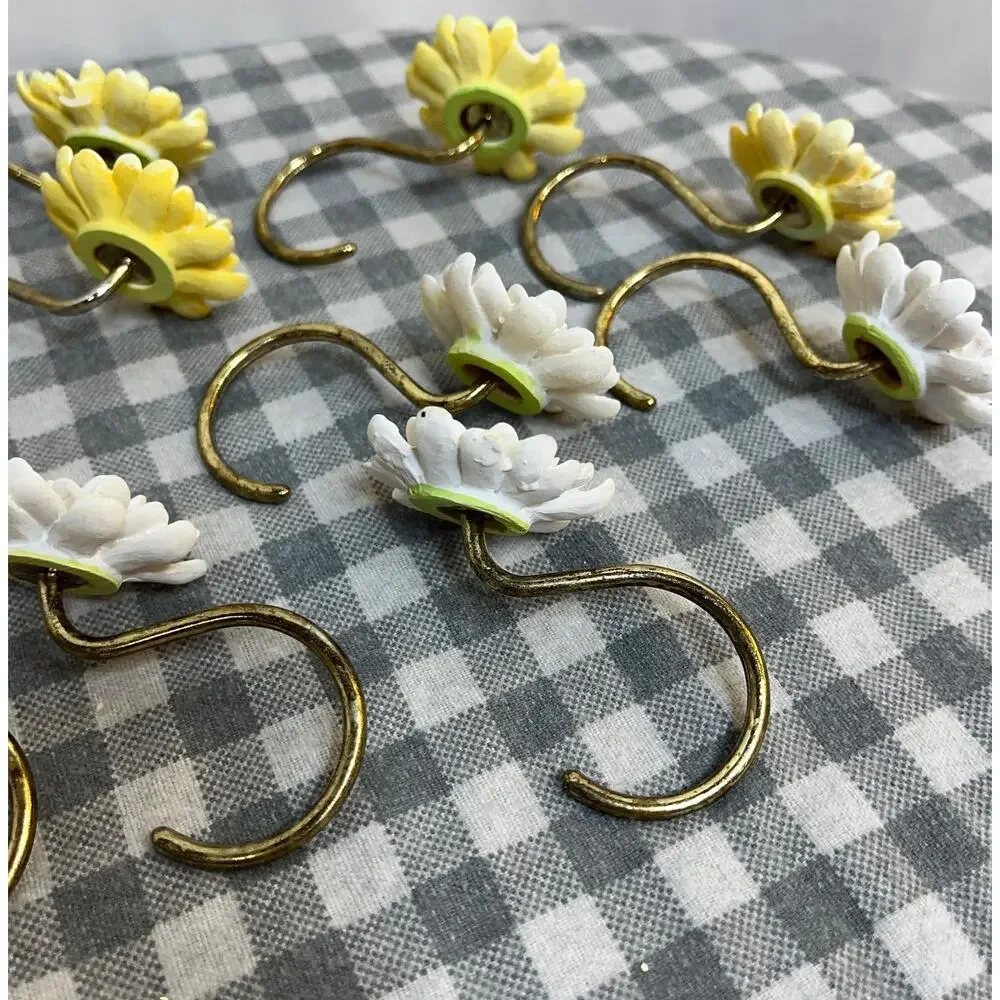 Vintage Shower Curtain Hooks Chrysanthemum Yellow White Brass Tone Set of 12